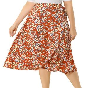 Red Floral Wrap Skirt, Agnes Orinda Size 1X wrap and tie long midi skirt